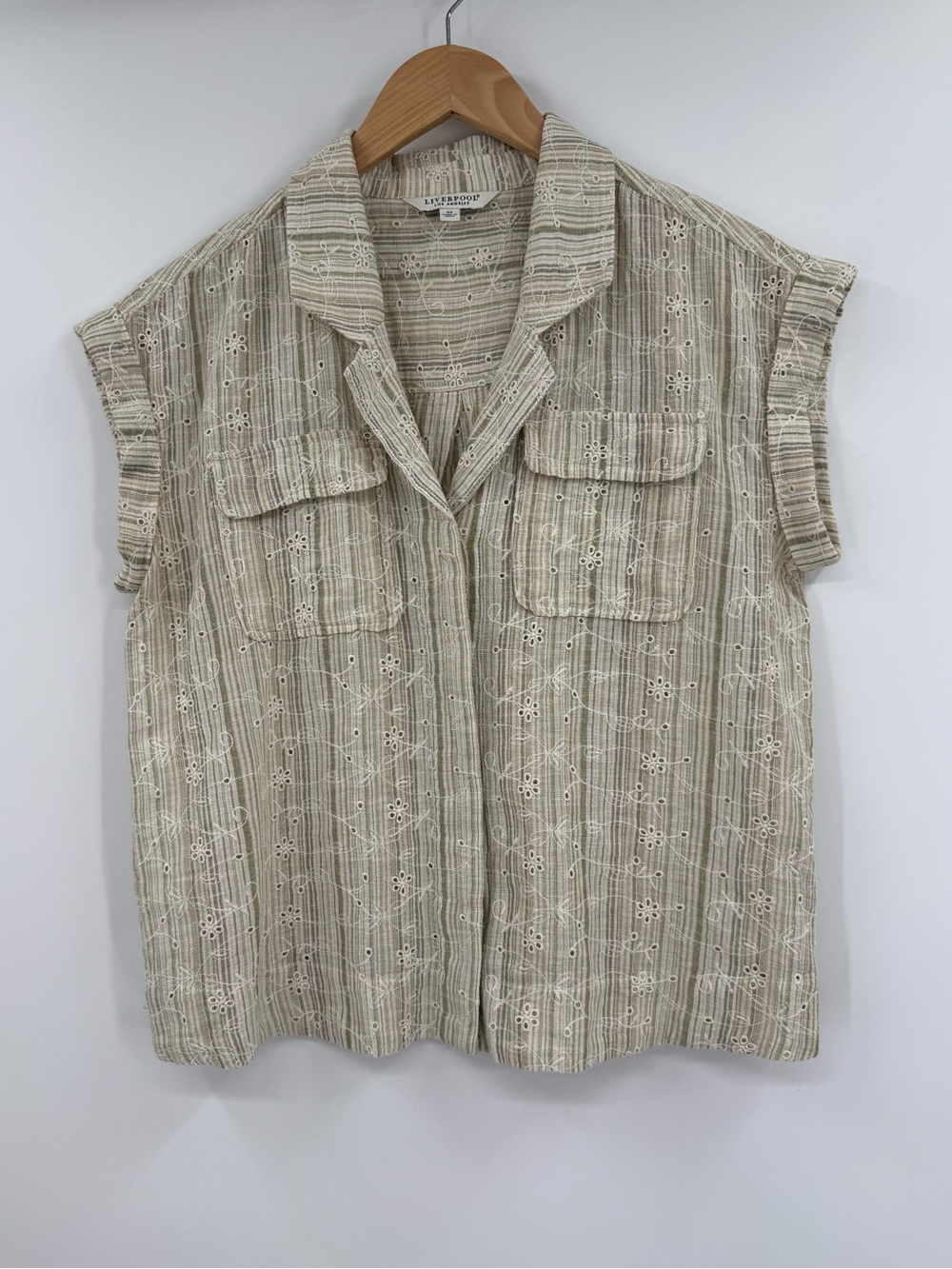 Liverpool Striped Eyelet Dolman Sleeve Camp Shirt | Green Tan Stripe | XS